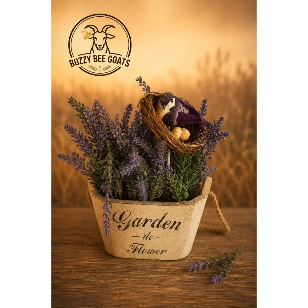 LAVENDER FLORAL ARRANGEMENT FAUX FLOWERS BIRD NEST CERAMIC PLANTER DECOR